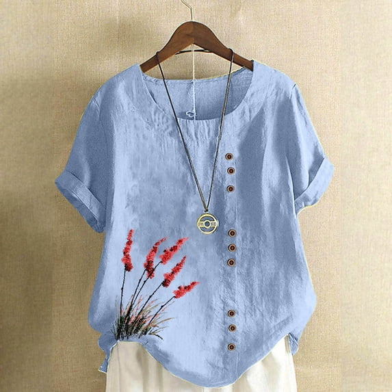 Mceream Linen Button Down Shirt Women Short Sleeve Boho Floral Print ...