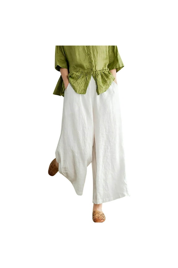 Linen Culottes for Women Plus Size Wide Leg Flowy Palazzo Trousers Lightweight Elastic Waist Loose Fit Summer Comfy Pant Vacation Clothes White XXL