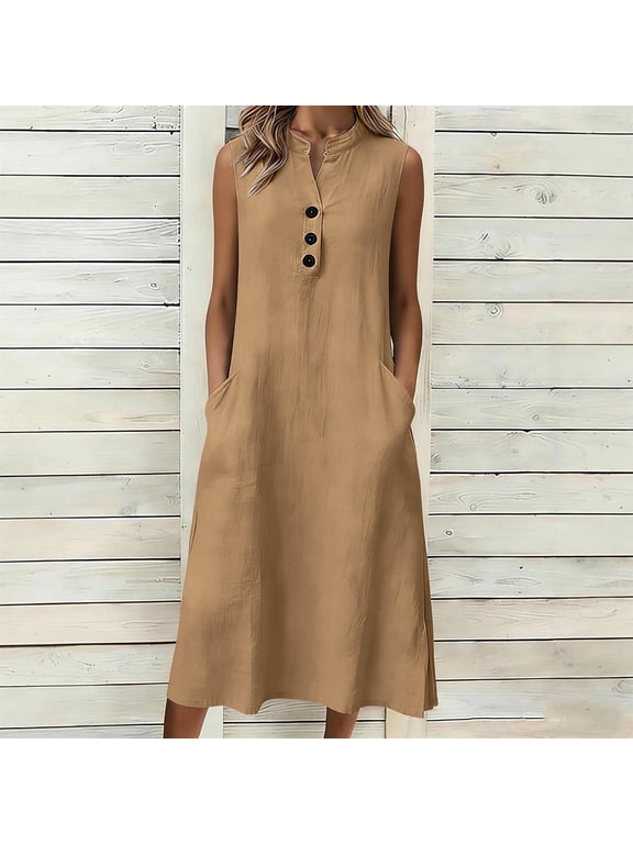 Linen Dresses for Women Plus Size 2026 Button Boho V Neck Sleeveless Midi Dress Cotton Gauze Shift Dress Summer Beach Sundress with Pockets Khaki XXL