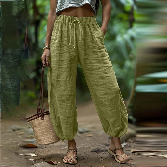 Mceream Linen Pants Women Drawstring Elastic Waist Ankle Length Trousers with Pockets Summer Fashion Cropped Pants with Pockets Lightweight Casual Baggy Y2K Streetwear Army Green XL