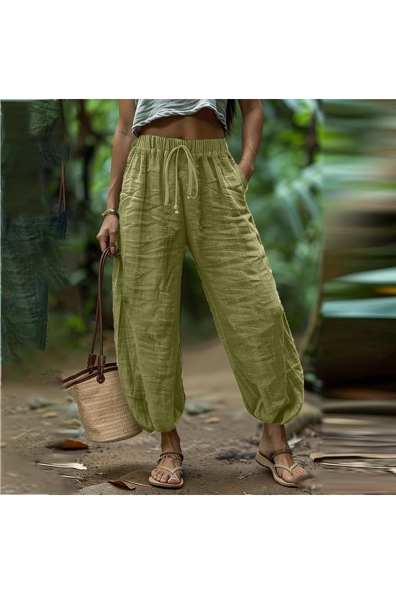 Linen Pants Women Drawstring Elastic Waist Ankle Length Trousers with Pockets Summer Fashion Cropped Pants with Pockets Lightweight Casual Baggy Y2K Streetwear Army Green S