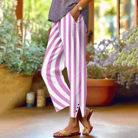 Mceream Linen Pants for Women Elastic Waist Summer Boho Breathable Comfy Cropped Wide Leg Pants Striped Button Hem Side Split Trousers Beach Vacation Outfits Pink XXL
