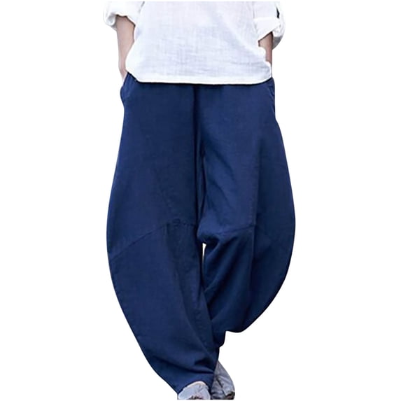 Mceream Linen Pants Women Summer Breathable Wide Leg Palazzo Flowy Pants Summer Drawstring High Waist Loose Travel Trousers with Pockets Navy S