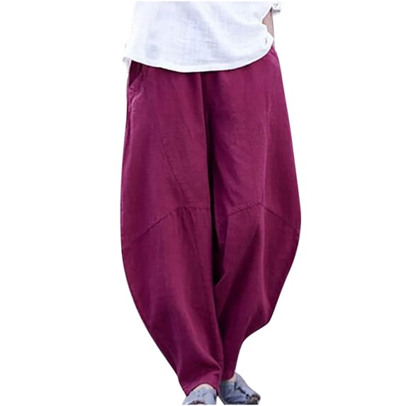 Mceream Linen Pants Women Summer Breathable Wide Leg Palazzo Flowy Pants Summer Drawstring High Waist Loose Travel Trousers with Pockets Wine L