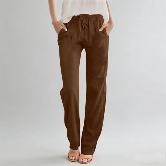 Mceream Linen Pants Women Summer Casual Pleated High Waist Drawstring Loose Fit Straight Leg Pants Lightweight Comfy Lounge Trousers with Pockets Brown L