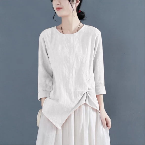 Mceream Linen Shirts for Women Loose Fit 3/4 Sleeve Summer Cotton Vintage Tunic Tops Solid Color Blouse Casual Crew Neck Irregular Hem Tees Shirts Plus Size Clothes White XL
