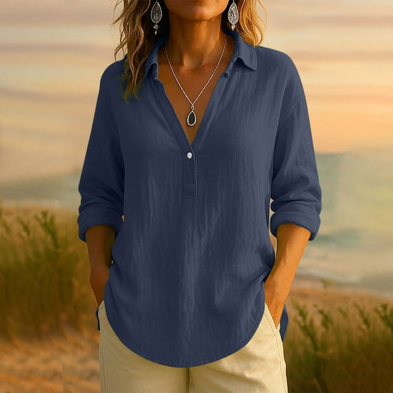Mceream Linen Shirts for Women Loose Fit Button Down V Neck Blouses Oversized Long Sleeve Casual Work Tunic Tops Lapel Business Drop Shoulder Outfit Clothes Plus Size Blusas De Lino Para Mujer Navy M