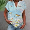thumbnail image 1 of Mceream Linen Shirts for Women Short Sleeve Summer V Neck Boho Floral Print Shirts Spring Button Cotton Dressy Casual Tunic Blouses Spring Beach Clothes Light Blue L, 1 of 5