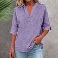 thumbnail image 1 of Mceream Linen Tops for Women 3/4 Sleeve Length Casual Button Down V Neck Loose Fit Tshirt Lightweight Oversized Summer Tunic Tops Plus Size Blouses Blusa De Lino Para Mujer Purple L, 1 of 8