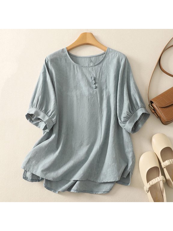 Linen Tops for Women Summer Crew Neck Button Down Short Sleeve Tunic Tops Side Split Loose Fit Cotton Shirts Casual Loose Comfy Boho Vintage Embroidered Blouses Blue M