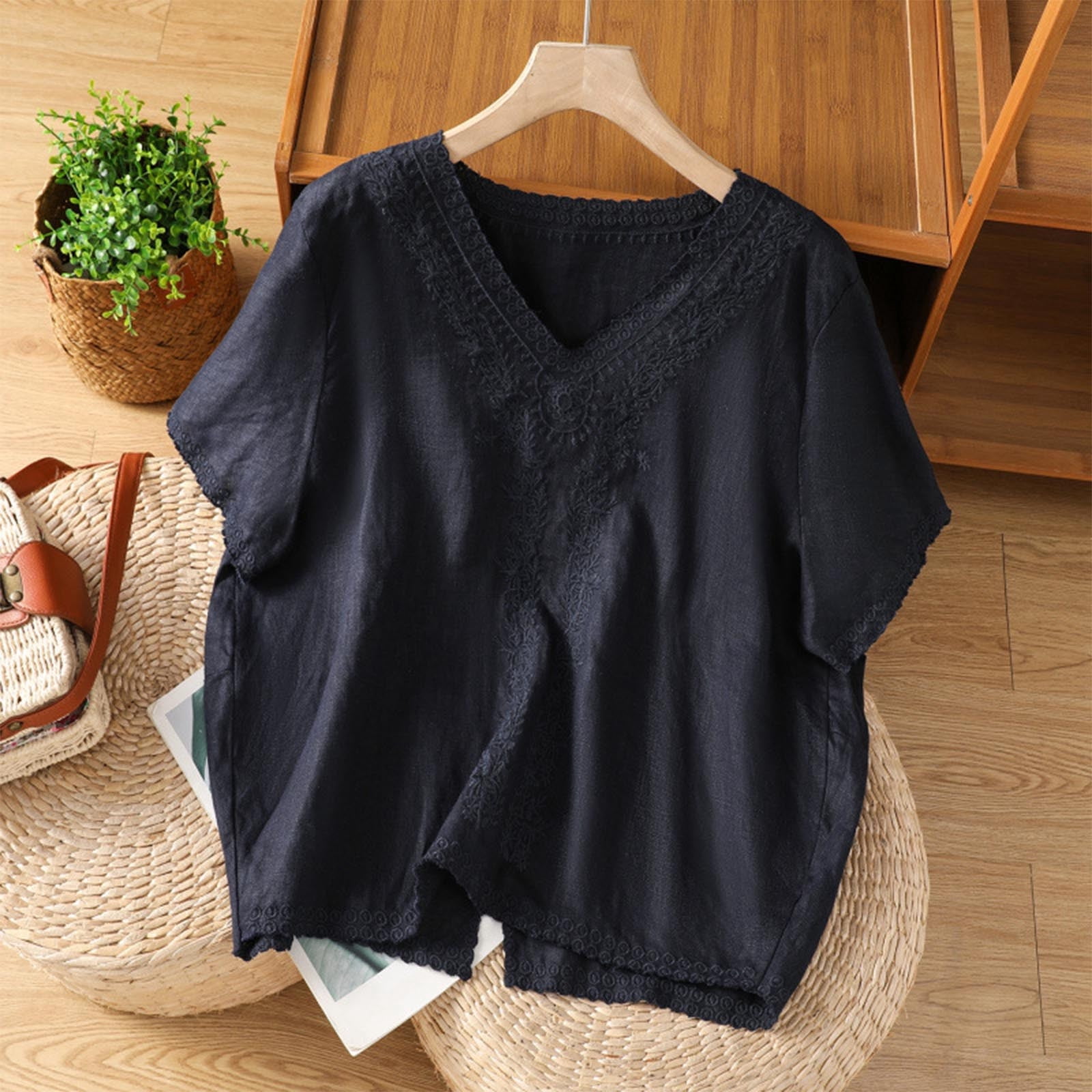 Mceream Linen Tops for Women Summer V Neck Button Down Short Sleeve ...