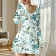 thumbnail image 1 of Maqroz Long Dresses for Women Casual Plus Size V Neck Ribbed Knit Dresses Floral Printed A-Line Hem Flare Sleeves Stretchy Mini Dress Spring Sundress Fashion Outfits Green XL, 1 of 5