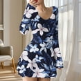 thumbnail image 1 of Maqroz Long Dresses for Women Casual Plus Size V Neck Ribbed Knit Dresses Floral Printed A-Line Hem Flare Sleeves Stretchy Mini Dress Spring Sundress Fashion Outfits Navy S, 1 of 5