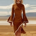 thumbnail image 1 of Maqroz Long Dresses for Women Wedding Guest Plus Size Bell Sleeve Elegant Dress Side Split Mock Neck Dress Basic Party Club Bodycon Mini Dresses Brown XL, 1 of 4
