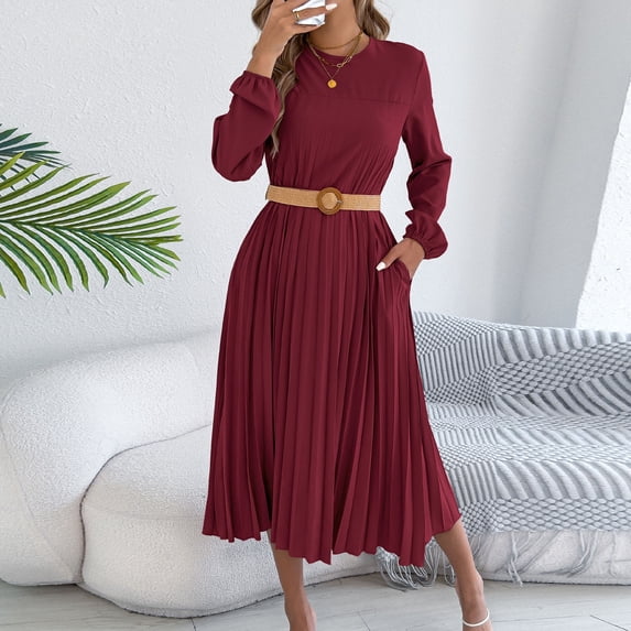 Maqroz Long Dresses for Women Wedding Guest Crewneck Pleated Dresses Casual Semi formal A Line Flowy Midi Dresses Plus Size Elegant Clothes Wine S