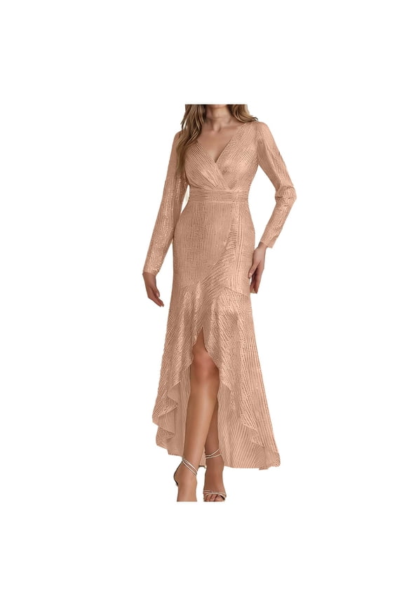Long formal Dresses for Women Sparkly Long Sleeve V Neck Back Zipper Dresses Split Elegant Cocktail Evening Wedding Guest Party Gowns Rose Gold XL