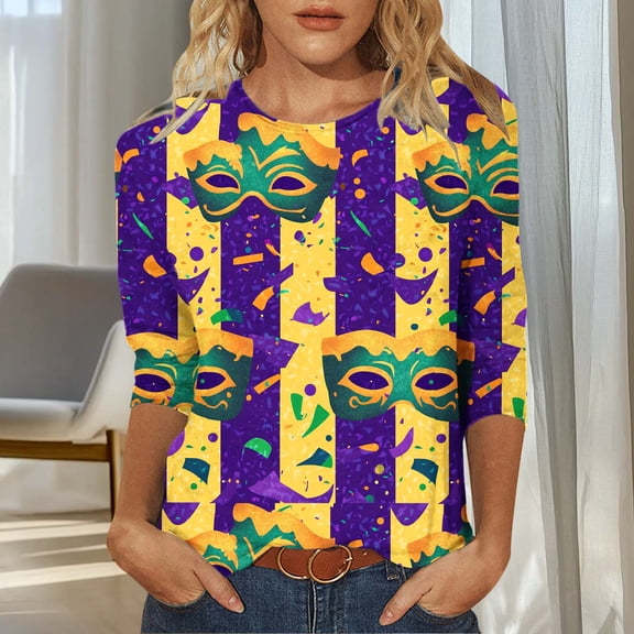 Mceream Mardi Gras Shirts for Women Crew Neck Mask Graphic Tees 3/4 Sleeve Glitter Sparkly Carnival Party Blouse Fashion Pullover Tops Outfits Purple S