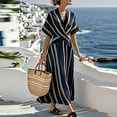 thumbnail image 1 of Maqroz Maxi Dress for Women Long Length Wrap V Neck Short Sleeve Striped Dresses Summer Casual Tie Waist Beach Vacation Sundress Plus Size Navy L, 1 of 9