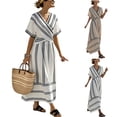 thumbnail image 1 of Maqroz Maxi Dress for Women Long Length Wrap V Neck Short Sleeve Striped Dresses Summer Casual Tie Waist Beach Vacation Sundress Plus Size White M, 1 of 8