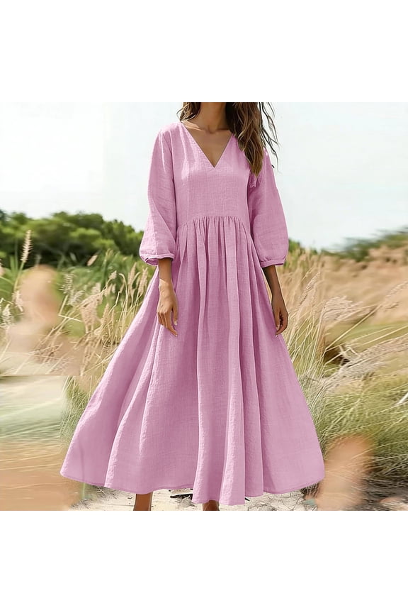 Maxi Dresses for Women Casual Summer Spring Smocked 3/4 Sleeve Floral Maxi Flowy Dresses Cotton Linen Loose Waist Vacation Beach Dresses Pink XXL