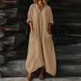 thumbnail image 1 of Maqroz Maxi Dresses for Women Plus Size 3/4 Sleeve Loose V Neck Dresses Irregular Hem Baggy Linen Maxi Dress with Pockets Summer Vacation Beach Dresses Khaki XL, 1 of 7