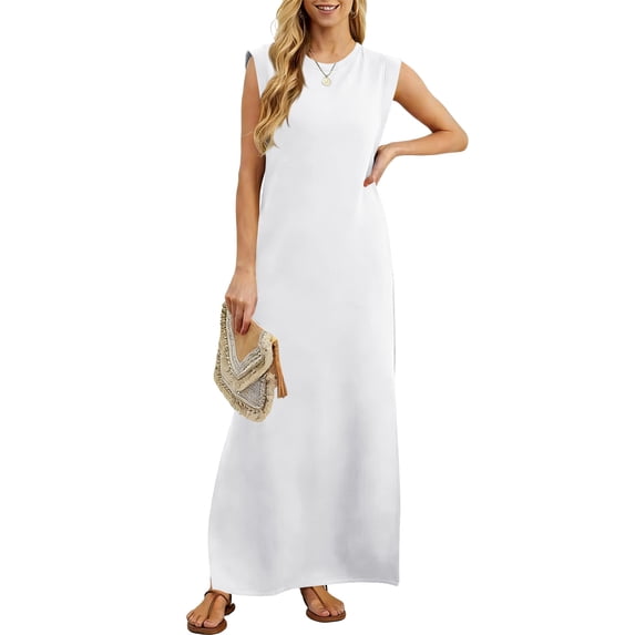 Maqroz Maxi Dresses for Women Plus Size Casual Crew Neck Long Flowy Dresses A Line Sleeveless Vacation Summer Sundresses Vestidos for Women White XXL
