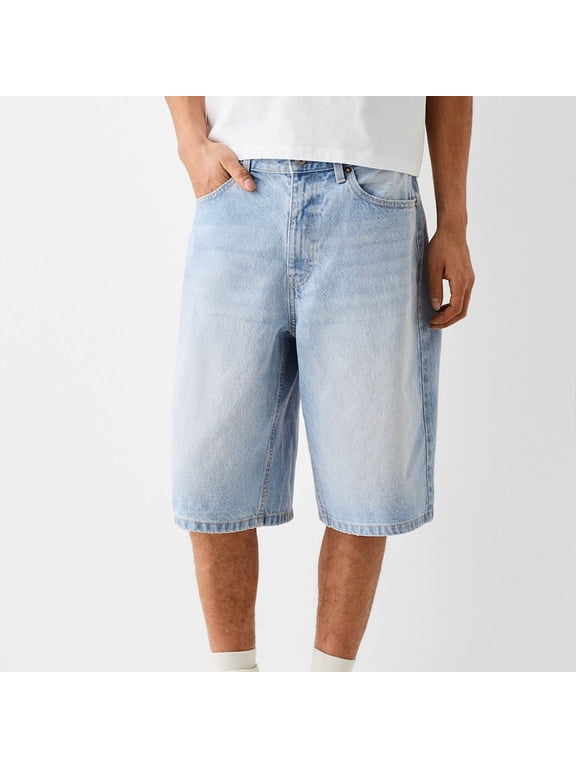 Men Baggy Denim Bermuda Shorts Y2K Wide Leg Knee Length Denim Short Pants Casual Knee Length Jean Jorts with Pockets Light Blue L