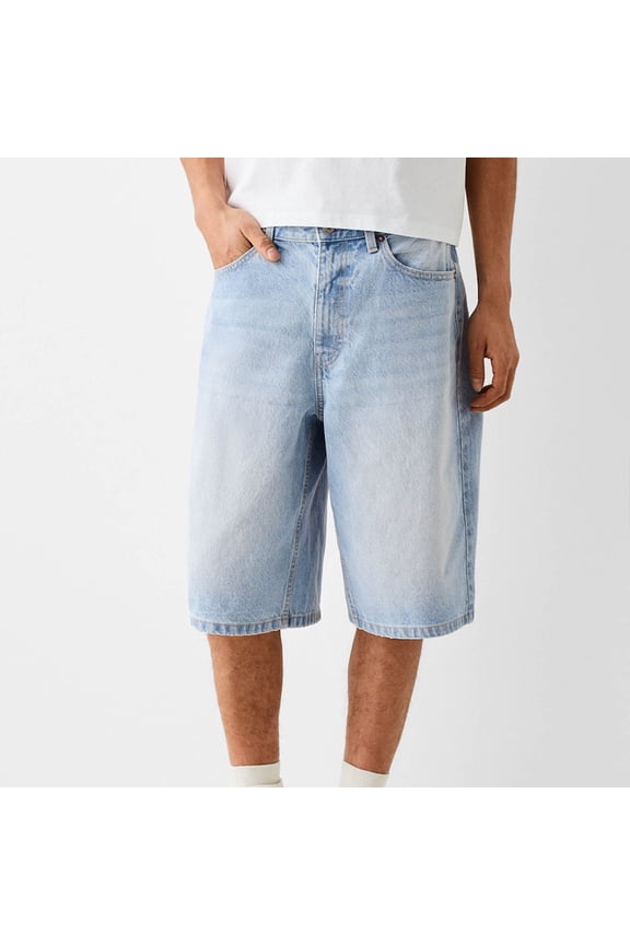 Men Baggy Denim Bermuda Shorts Y2K Wide Leg Knee Length Denim Short Pants Casual Knee Length Jean Jorts with Pockets Light Blue L
