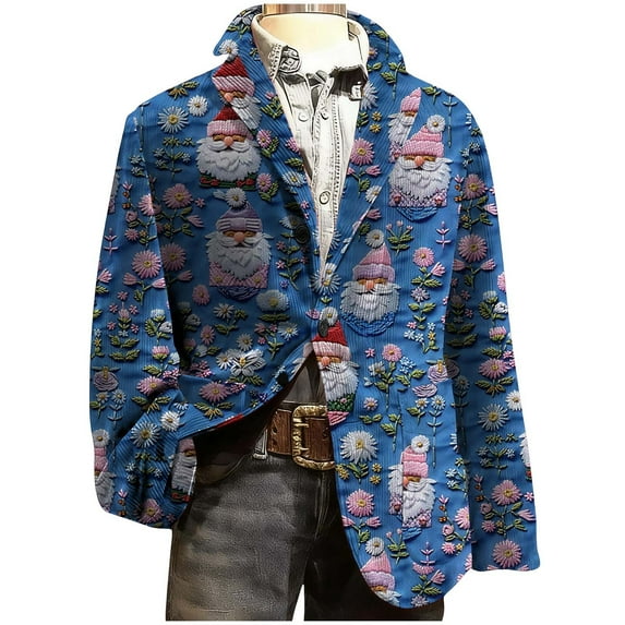 Mceream Men's Christmas Blazer Corduroy Xmas Print Holiday Party Jacket Three Button Slim Fit Business Office Blazers with Pockets Plus Size Outwear Chamarras Para Hombre Blue XL