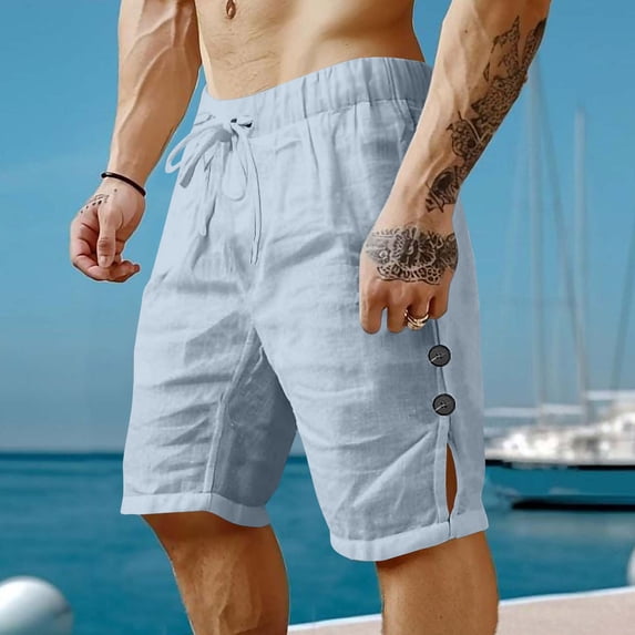Mceream Men's Lounge Shorts Cotton Linen Casual Lightweight Elastic Waist Side Slit Button Drawstring Vacation Beach Shorts with Pockets Summer Beach Pants Blue L