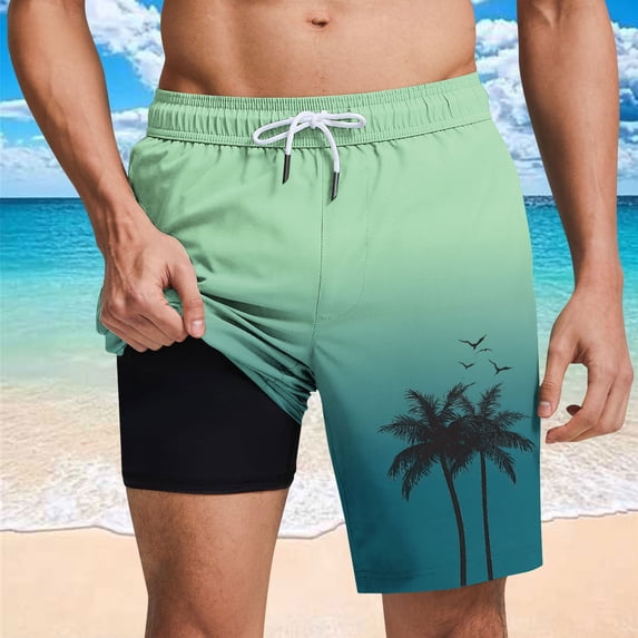 Mceream Men's Swim Shorts Swim Trunks with Pockets Drawstring Elastic Waist Quick Dry 2 In 1 Compression Liner Board Shorts Beach Vacation Clothes Green XL
