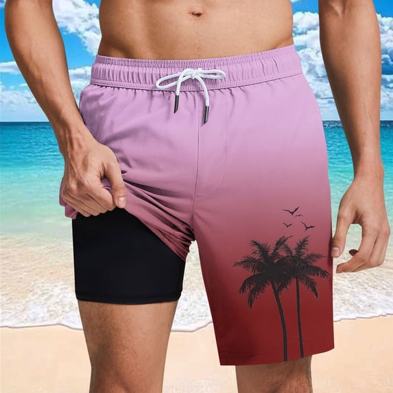 Mceream Men's Swim Shorts Swim Trunks with Pockets Drawstring Elastic Waist Quick Dry 2 In 1 Compression Liner Board Shorts Beach Vacation Clothes Pink S