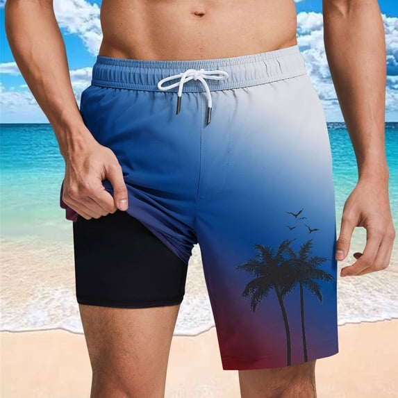Mceream Men's Swim Shorts Swim Trunks with Pockets Drawstring Elastic Waist Quick Dry 2 In 1 Compression Liner Board Shorts Beach Vacation Clothes Red XXL