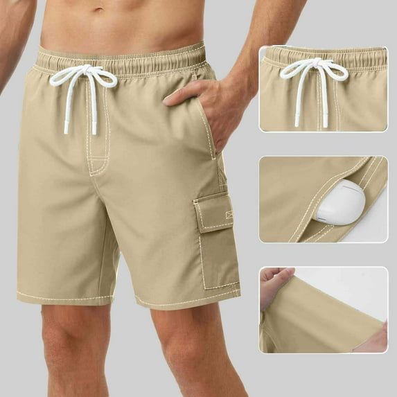 Mceream Men's Swim Trunks Compression Liner Quick Dry Breathable 2 In 1 Beach Board Shorts with Pockets Stretch Drawsting Elastic Waist Summer Bathing Suit Khaki S