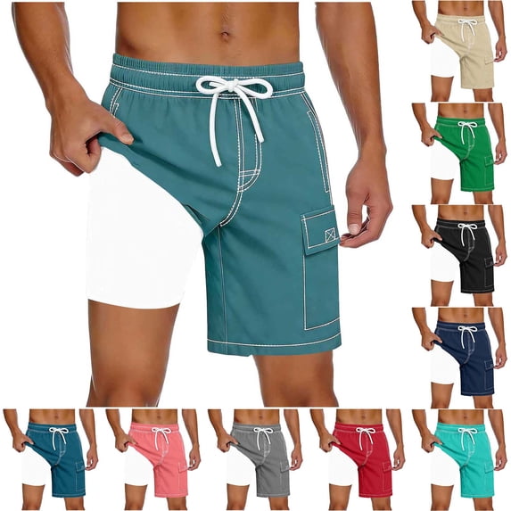 Mceream Men's Swim Trunks Compression Liner Quick Dry Breathable 2 In 1 Beach Board Shorts with Pockets Stretch Drawsting Elastic Waist Summer Bathing Suit Light Blue XL