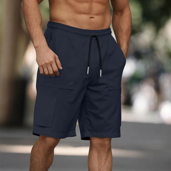 Mceream Mens Cargo Shorts Elastic Waist Lightweight Shorts with Pockets Summer Casual Athletic Work Short Pants Trendy Vacation Beach Pant Navy L