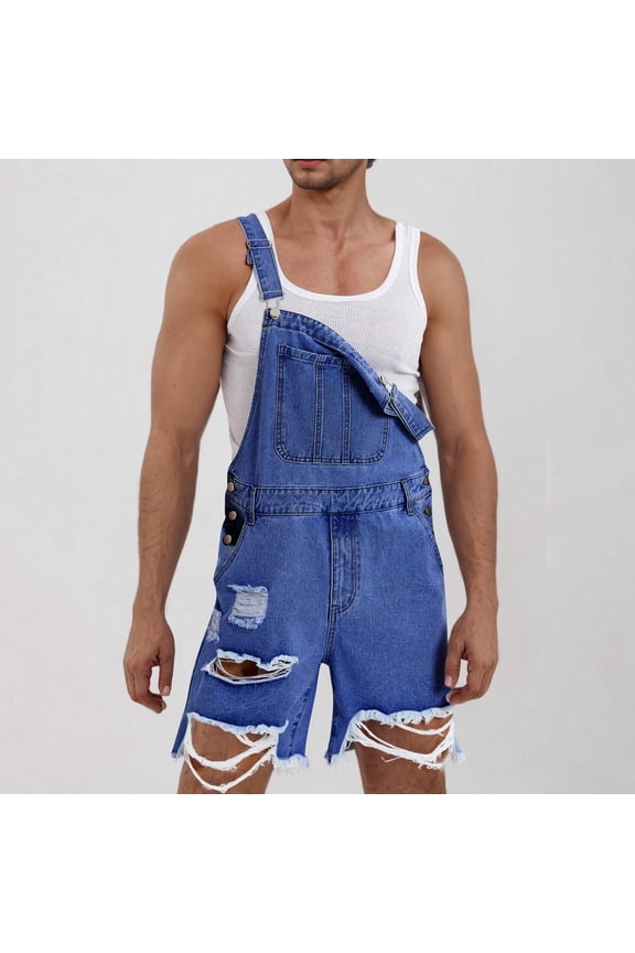 Mens Casual Bib Overall Shorts Lightweight Cotton Loose Fit Denim Jumpersuit Walkshort Pockets Rompers with Chest Pockets Blue S