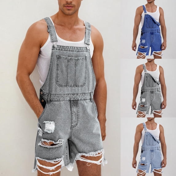 Mceream Mens Casual Bib Overall Shorts Lightweight Cotton Loose Fit Denim Jumpersuit Walkshort Pockets Rompers with Chest Pockets Gray L