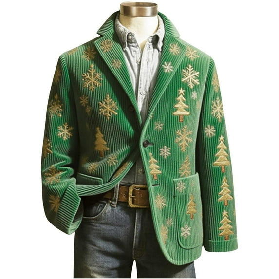 Mceream Mens Christmas Blazer Jacket Corduroy Slim Fit Holiday Party Jacket Xmas Print Holiday Party Jacket Lightweight One Button Business Office Blazers with Pockets Plus Size Tuxedo Jacket XXXXL
