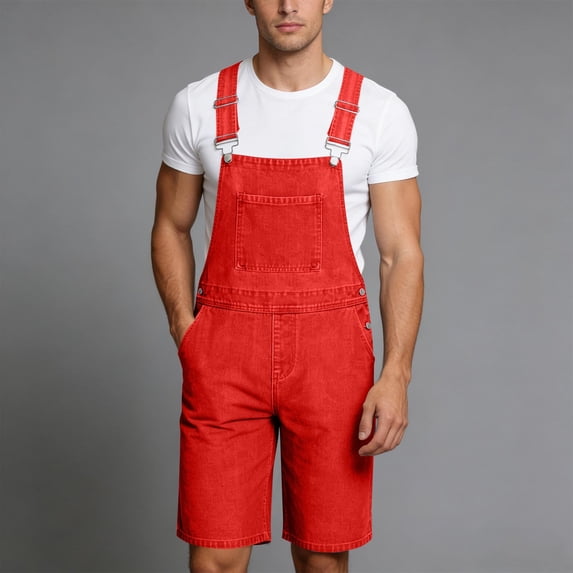 Mceream Mens Denim Overalls Shorts Fashion Solid Color Jean Bib Jumpsuit Coveralls Casual Walkshort Summer Romper with Pockets Red S