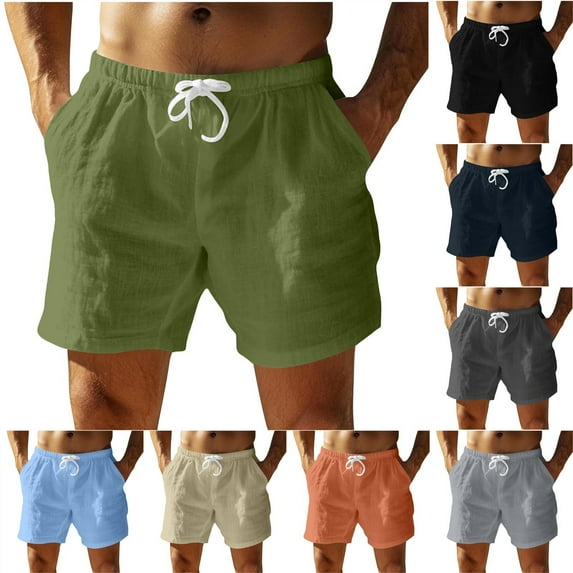 Mceream Mens Linen Shorts Breathable Casual Drawstring Quick Dry Beach Sports Shorts Pull-On Elastic Waist Relaxed Fit Summer Beach Shorts with Pockets Army Green L