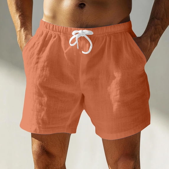 Mceream Mens Linen Shorts Breathable Casual Drawstring Quick Dry Beach Sports Shorts Pull-On Elastic Waist Relaxed Fit Summer Beach Shorts with Pockets Orange XXL