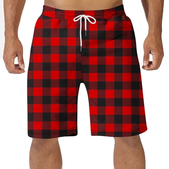 Mceream Mens Pajama Shorts Drawstring Elastic Waist Soft Comfy Lounge Shorts Summer Casual Loose Fit Plaid Bathing Suits Shorts with Pockets Plus Size Red XXL