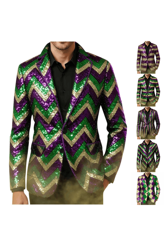 Mens Sequin Blazer Sparkly Glitter Mardi Gras Jacket Print Suit Jacket Party Wedding Banquet Prom Tuxedo Two Button Sport Coats Mardi Gras Suit Blazer with Pockets Traje De Gala Para Hombre