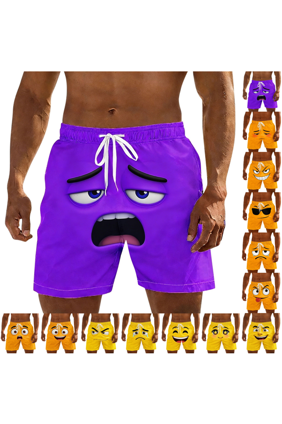 Mens Swim Trunks Board Shorts Drawsting Elastic Waist Funny Cartoon Face Print Swimming Trunks Quick Dry Beach Shorts with Pockets Casual Summer Beach Shorts Purple XL