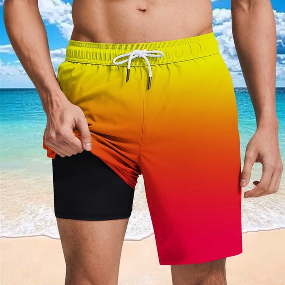 Mceream Mens Swim Trunks with Compression Liner 2 In 1 Quick Dry Swimming Shorts Elastic Waist Drawstring Lightweight Summer Swimwear Bathing Suits with Pockets Yellow S