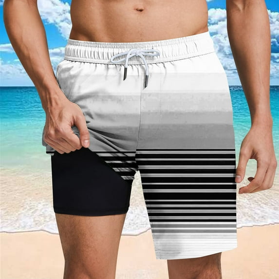 Mceream Mens Swim Trunks with Compression Liner Quick Dry Bathing Suit with Pockets Quick Dry 2 In 1 Board Shorts Stretch Elastic Waist Drawstring Athletic Shorts White XXL