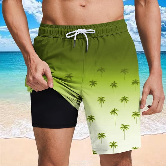 Mceream Mens Swim Trunks with Compression Liner Stretch 2 In 1 Board Shorts Waterproof Quick Dry Hawaiian Beach Shorts Elastic Waist Drawstring Bathing Suit with Pockets Swimwear Swimsuit Yellow XXXL