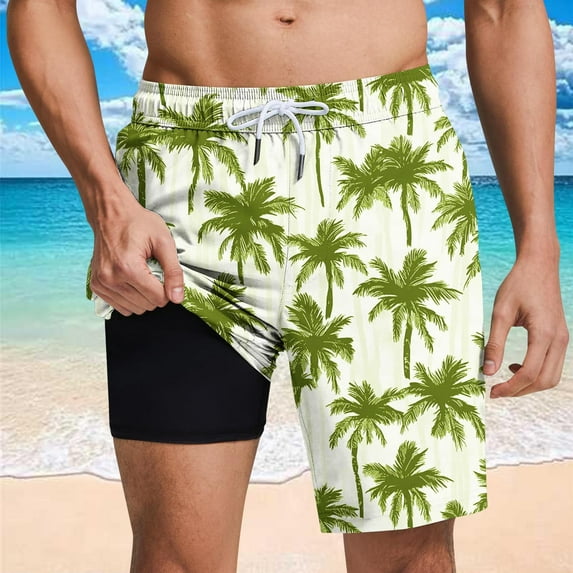 Mceream Mens Swim Trunks with Compression Liner Stretch 2 In 1 Board Shorts Waterproof Quick Dry Hawaiian Beach Shorts Elastic Waist Drawstring Bathing Suit with Pockets Swimwear Swimsuit Yellow S