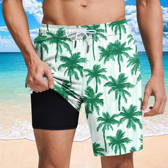 Mceream Mens Swim Trunks with Compression Liner Stretch 2 In 1 Board Shorts Waterproof Quick Dry Hawaiian Beach Shorts Elastic Waist Drawstring Bathing Suit with Pockets Swimwear Swimsuit Green XXXL